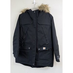 Carhartt Storm Defender Jacket Parka Women's M Black Insulated Hooded Faux Fur